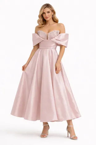Rochie de spectaculoasa din organza dusty rose cu maneci cazute si corset cu cristale