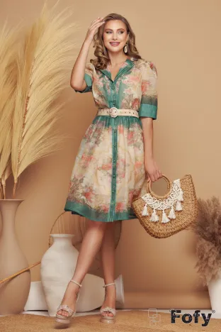Rochie de vara stil camasa din organza cu imprimeu floral cu influente baroc verde