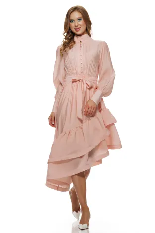 Rochie eleganta cristal rose din organza premium fusta asimetrica cu volane intarite