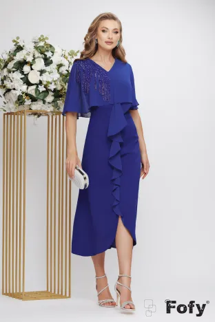 Rochie eleganta de ocazie midi de LUX din tripluvoal albastru aplicatii de cristale