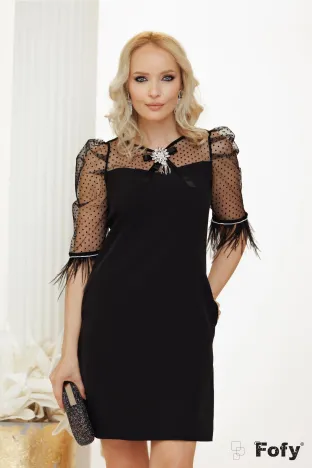 Rochie eleganta de ocazie neagra Fofy croi in A pene naturale la maneci si brosa cu cristale