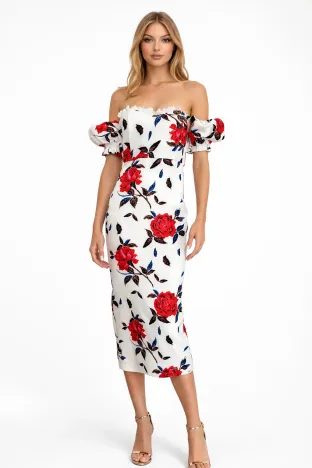 Rochie eleganta decoltata alba cu trandafiri rosii si maneci bufante detasabile