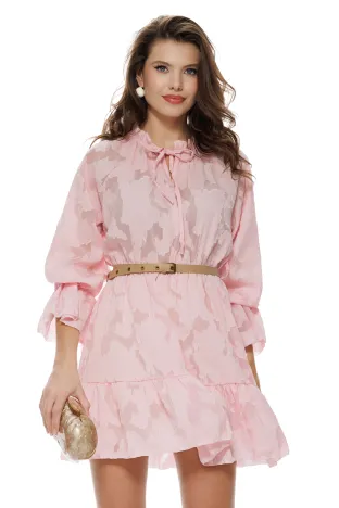Rochie eleganta din jackard roz usor satinat cu volane si curea