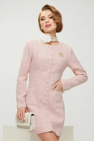 Rochie eleganta din tweed roz premium cu buzunare aplicate si nasuri imbracati
