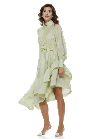 Rochie eleganta fistic din organza premium fusta asimetrica cu volane intarite