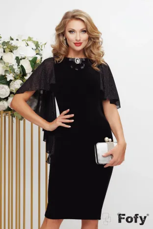 Rochie eleganta Fofy din catifea neagra cu maneci diafane cu glitter fin si brosa cu cristal