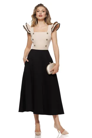 Rochie eleganta Fofy midi, bej cu negru, volane umeri si nasturi piept