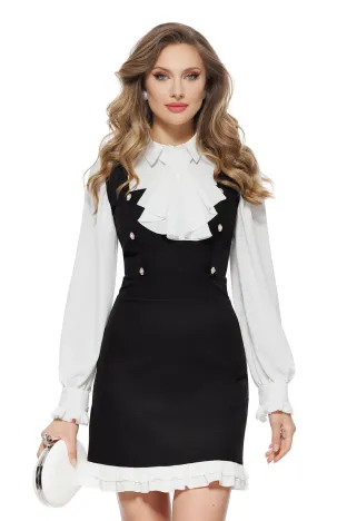 Rochie eleganta Fofy tip sarafan negru cu volane si nasturi cu strassuri