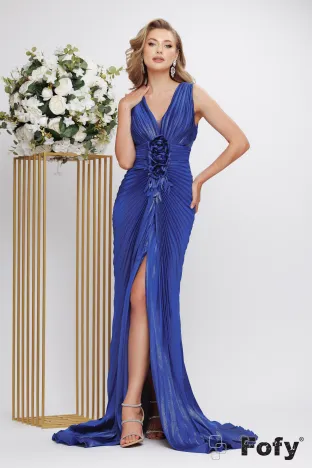 Rochie eleganta lunga de ocazie de LUX albastru royal din voal plisat cu stralucire fina bust buretat croi sirena