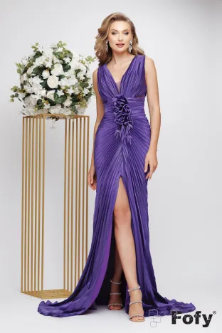 Rochie eleganta lunga de ocazie de LUX mov din voal plisat cu stralucire fina bust buretat croi sirena
