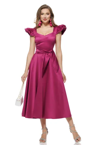 Rochie elegantă midi Fofy din tafta magenta premium decoltata si volane la umeri