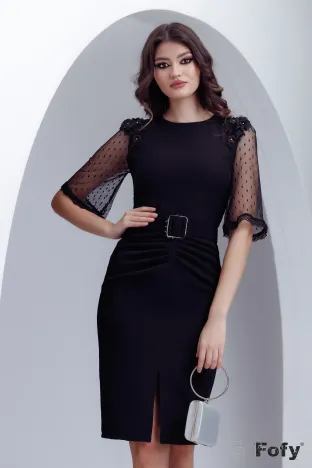 Rochie eleganta neagra Fofy cu maneci de tul si aplicatii de broderie 3D centura inclusa