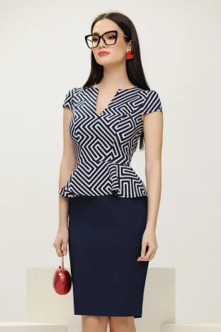 Rochie Fofy bleumarin imprimeu labirint conica cu peplum elegant