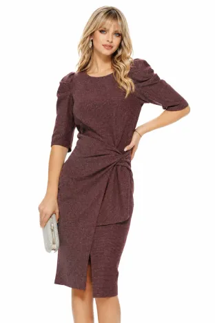 Rochie Fofy de ocazie bordo  cu fir lurex argintiu si nod stilizat in talie