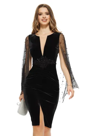 Rochie Fofy elegantă neagră cu decolteu adânc maneci din tull margele si broderie spectaculoasa din margele