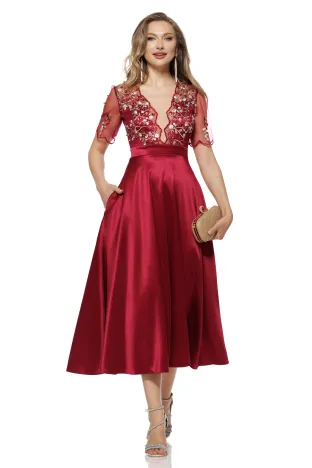 Rochie  Fofy elegantă pruna din tafta usor elastica cu bust din dantela premium
