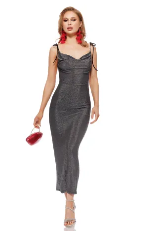 Rochie lunga de ocazie cu spatele gol din lurex argintiu elastic
