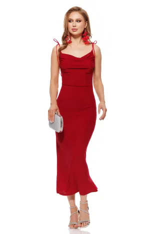 Rochie lunga de ocazie cu spatele gol din lurex rosu elastic