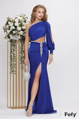Rochie lunga de ocazie de LUX din lycra albastru royal premium satinata cu fronseuri si aplicatii de cristale