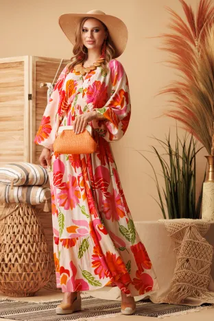 Rochie lunga de vara spectaculoasa decoltata din vascoza brodata ciclame cu maneca fluture