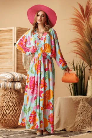 Rochie lunga de vara spectaculoasa decoltata din vascoza brodata turcoaz cu maneca fluture