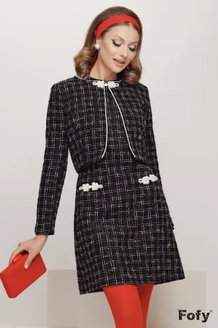 Sacou dama elegant Fofy din tweed premium negru cu carouri si bandemburguri din margele si perle