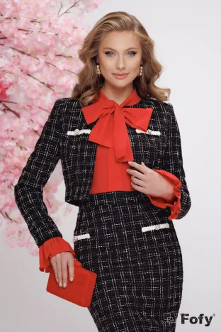 Sacou dama elegant Fofy din tweed premium negru cu carouri si nasuri perla