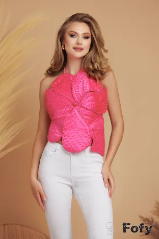 Top floare dama premium din tafta ciclame batut in perle