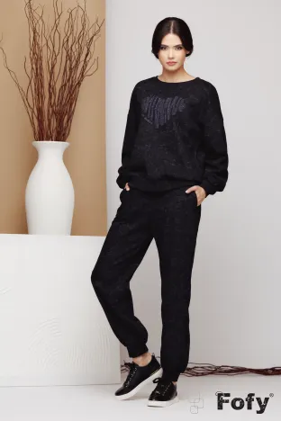 Trening dama din bumbac premium negru prespalat cu  broderie cu paiete fine