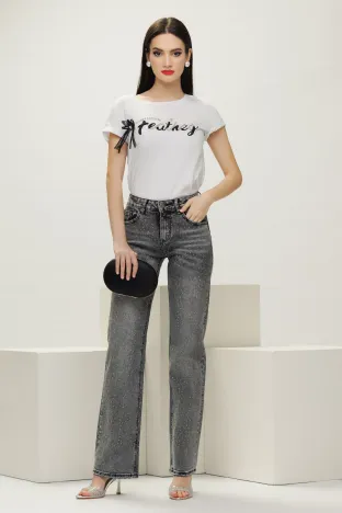Tricou dama alb premium cu broderie cristale si fundita din dantela