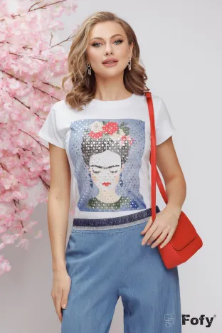 Tricou dama alb premium cu imprimeu bleu Frida Kahlo cu pelicula argintie
