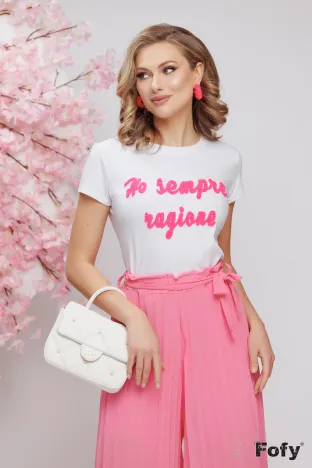 Tricou dama alb premium cu imprimeu bucle ciclame