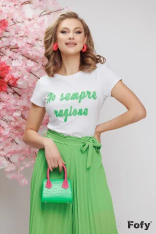 Tricou dama alb premium cu imprimeu bucle verde lime
