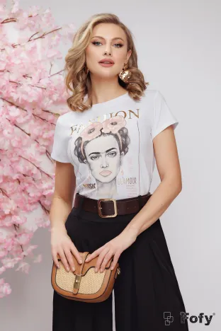 Tricou dama alb premium cu imprimeu Frida Kahlo fashion