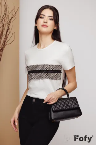 Tricou dama alb premium cu insertii de tweed 