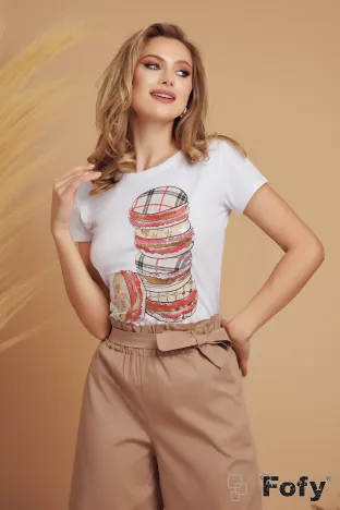 Tricou dama alb premium cu macaroons si pelicula aurie