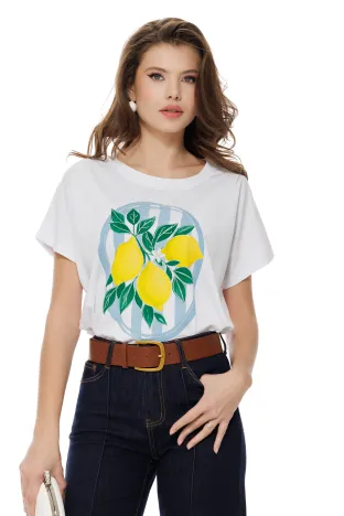 Tricou dama alb premium imprimeu Amalfi baby blue
