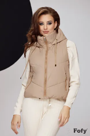 Vesta dama scurta bej premium impermeabila cu gluga croi 