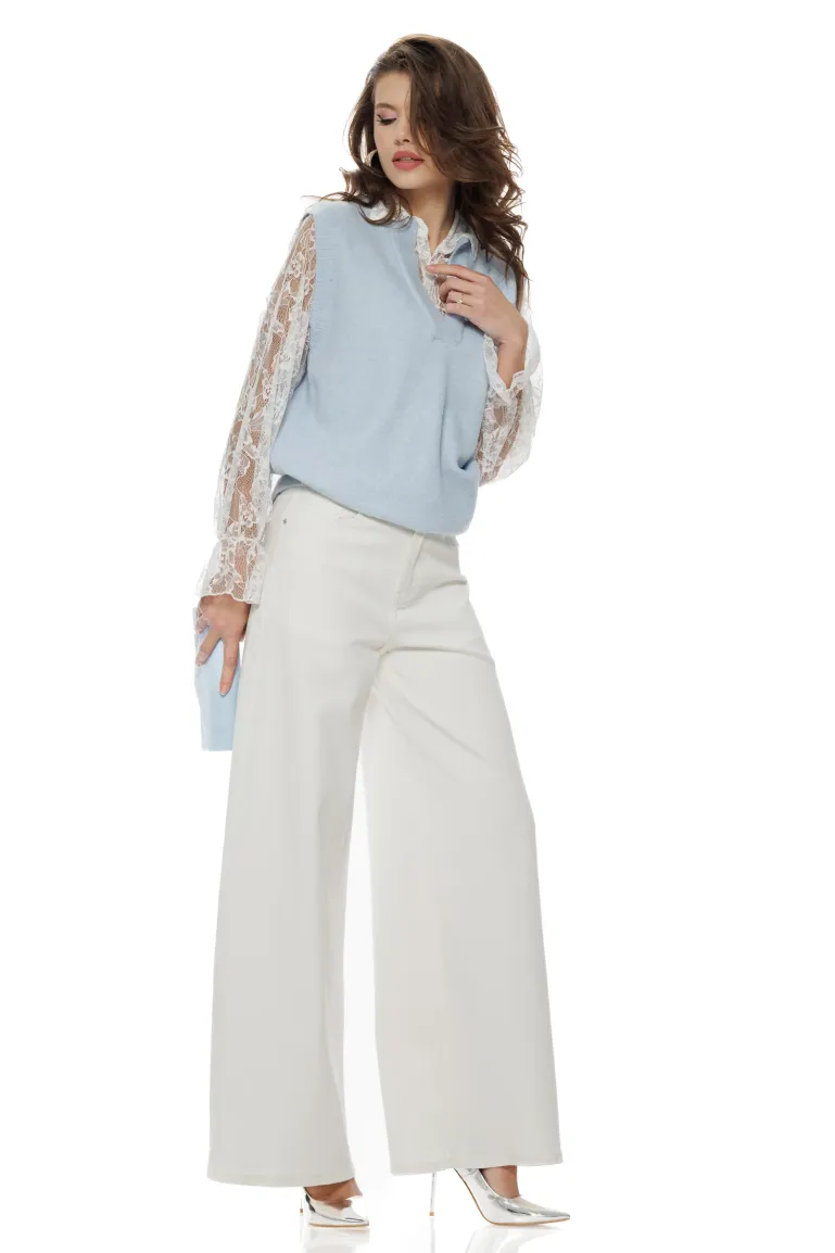 Blugi dama wide premium cloud dancer 2026 elastic cu buzunre baby blue cu strassuri picture - 5