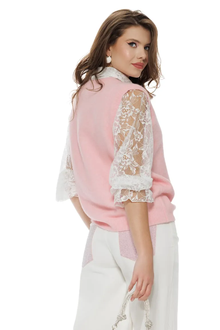 Blugi dama wide premium cloud dancer 2026 elastic cu buzunare roz cu strassuri picture - 2