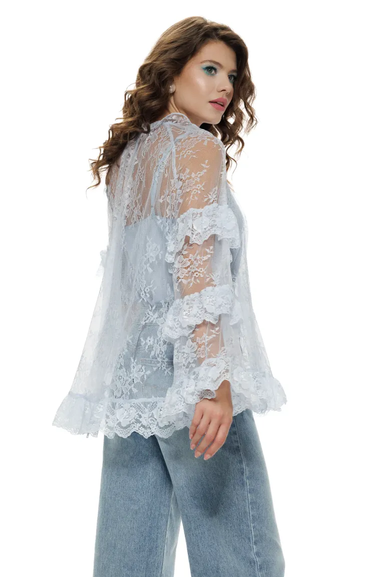 Bluza dama eleganta baby blue din dantela premium cu volane si maiou picture - 2