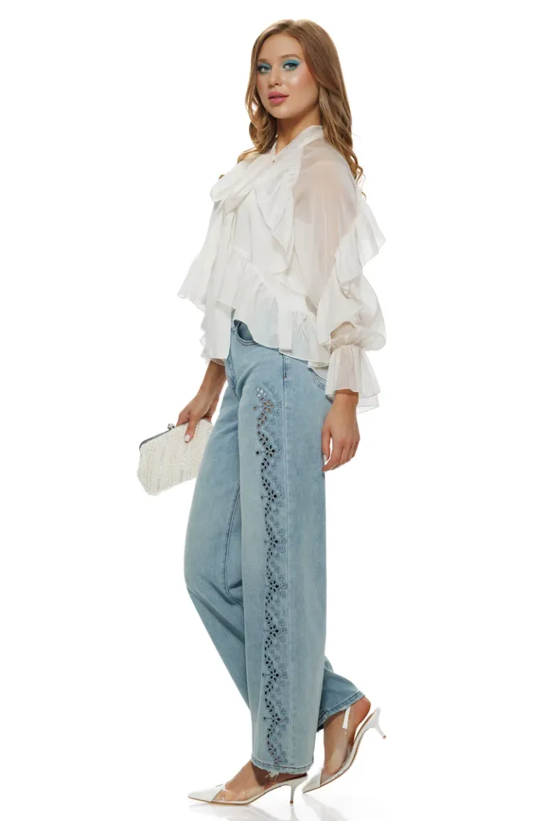 Bluza dama eleganta cloud dancer din organza premium cu volane funda si maiou picture - 3