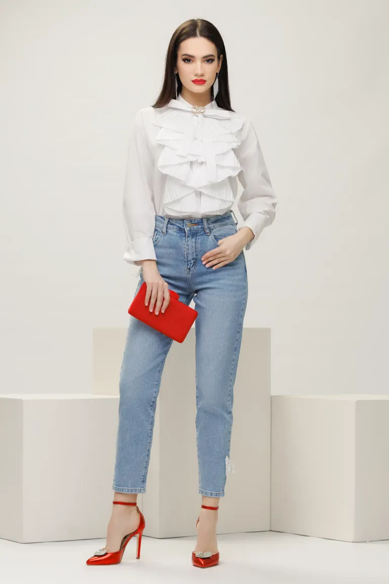 Camasa dama alba eleganta cu jabou plisat si funda din bumbac 100% picture - 3