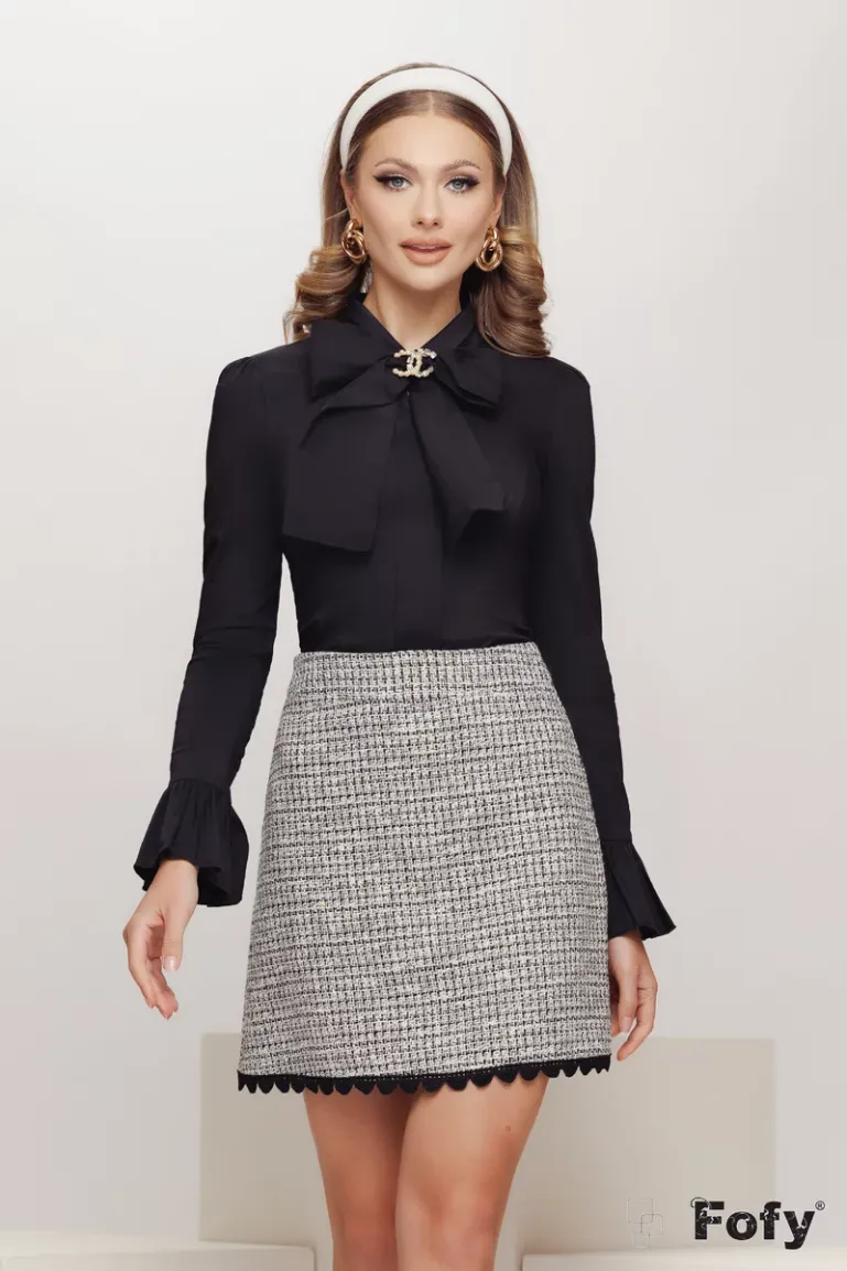 Camasa dama Fofy neagra premium cu esarfa innodata volane royale  la maneca picture - 3