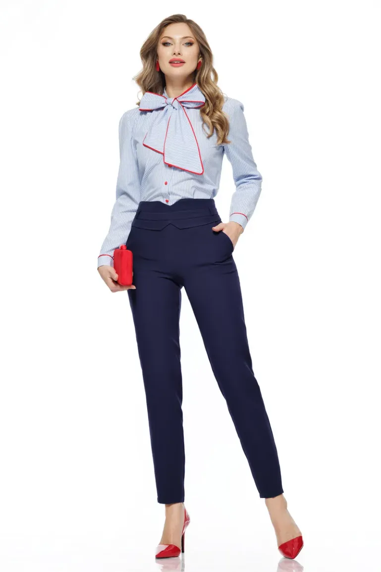 Camasa dama office Fofy din bumbac cu dungi si funda maxi picture - 3