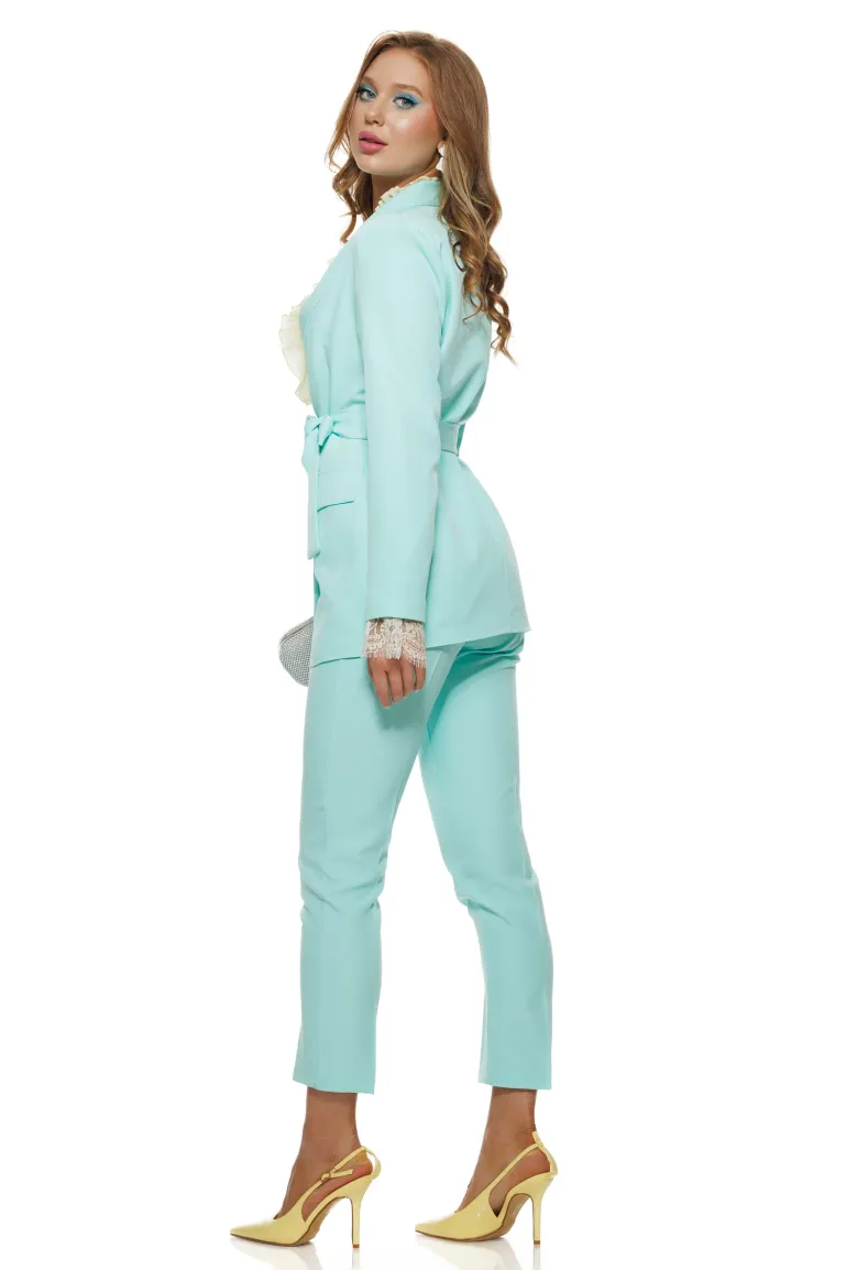 Compleu dama elegant aqua sacou cu revere si cordon pantalon conic picture - 3