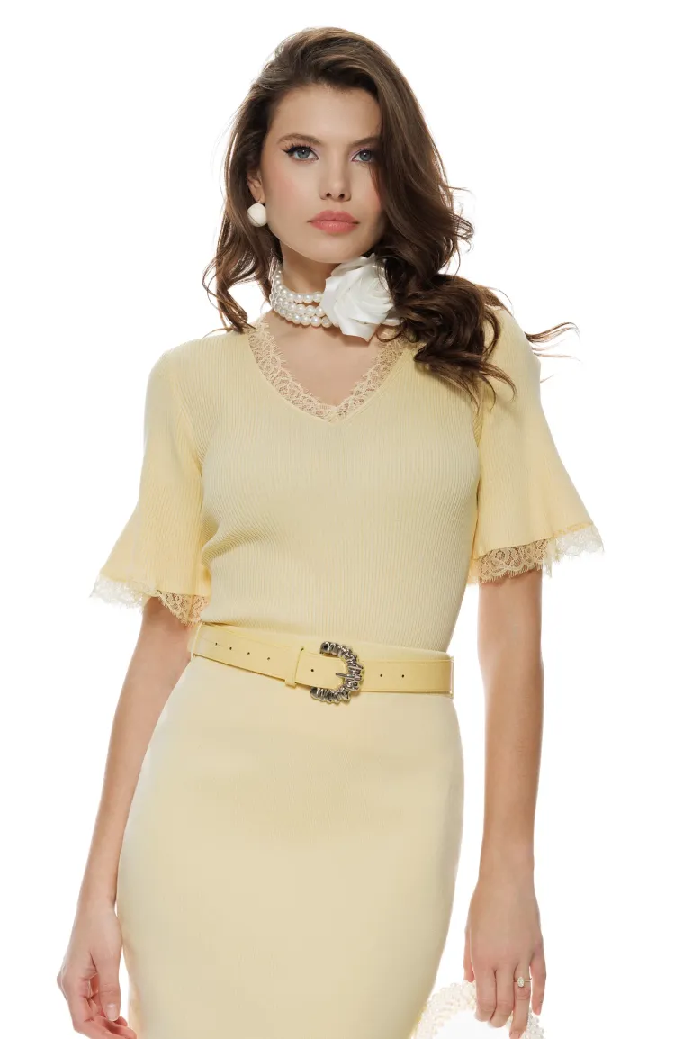Fusta conica midi din tricot premium galben pai cu crapatura si curea picture - 3