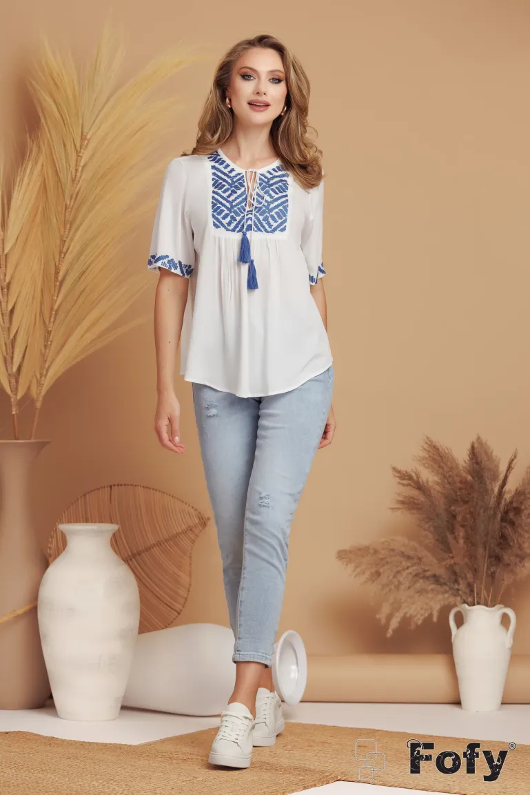 Ie dama de vara din rayon premium cu broderie bleumarin si ciucuri picture - 2