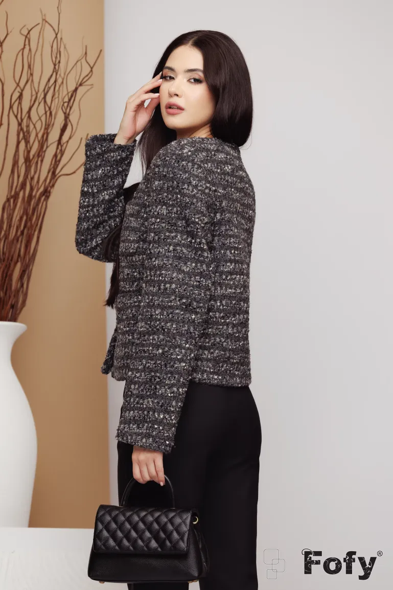 Jacheta dama gri inchis matlasata din stofa premium cu lana fir de lurex si buzunare picture - 2