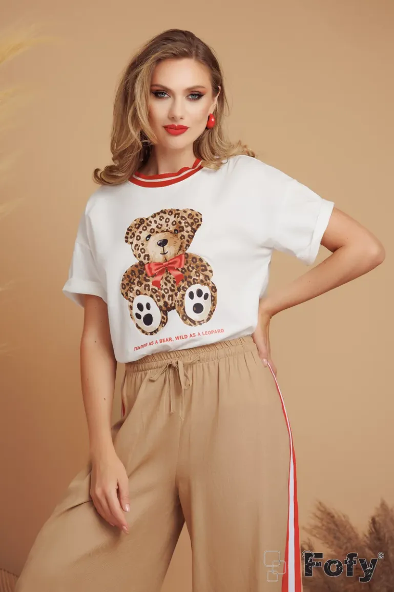 Pantalon dama de din in premium supersoft bej cu dungi laterale rosii picture - 2
